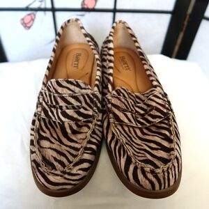 Born Hand Crafted Cream and Brown Zebra Print Suede Loafers 7.5